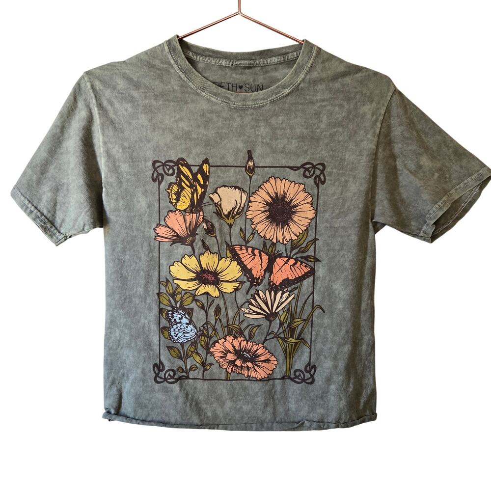 Vintage Sage Green Fifth Sun Floral Butterfly Size Small Cropped Tee